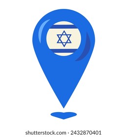 Puntero rojo en el mapa, punto de referencia geográfico, punto importante en el festival. Elemento de leche sólida festivo, atributo de la fiesta judía. Icono plano del vector de la historieta en los colores nacionales de la bandera de Israel aislada