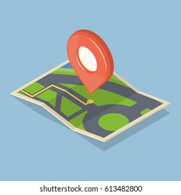 Red pointer on map. GPS navigation concept icon. Isometric vector illustration