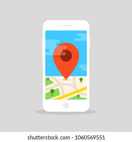 Red pointer on smartphone map. GPS navigation concept. Red pointer on smartphone map. GPS navigation concept.