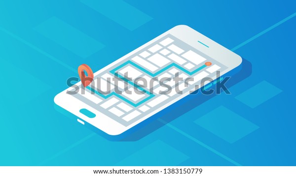 Red pointer on smartphone screen\
map. GPS navigation concept. Isometric vector illustration. The\
mobile application creates a route for moving around the\
city.