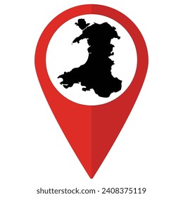 Red Pointer or pin location with Wales map inside. Map of Wales