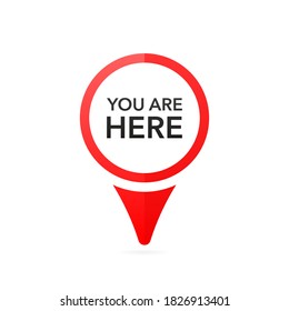 Red pointer with you are here on white background. White background. Vector illustration.