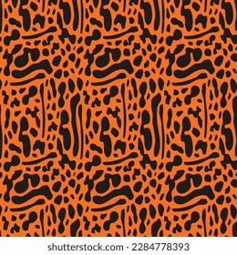 Red poison dart frog skin vector repeat pattern with black and Papaya Orange color combination.