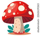 red poisonous fly agaric grows on the ground next to the grass. flat vector illustration.