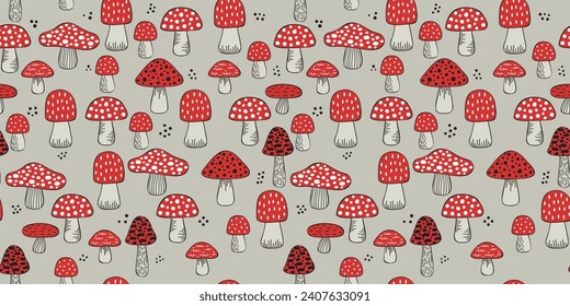 Red poisonous fly agarics. Drawn pattern with fly agarics. For print and seamless surfaces.
