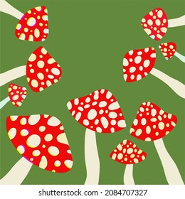 Red poisonous mushroom isolated on a green background background. Vector illustration. Flat design, hand-drawn, cartoon.