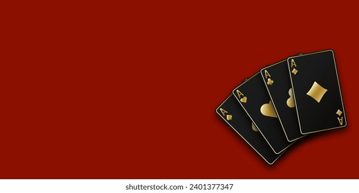 Red Poker or Casino table background. A hand fanned of playing cards consisting Ace of Spades, Diamonds, Clubs, Hearts. Vector illustration Casino of all the aces.