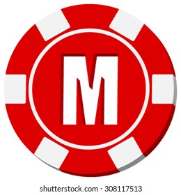Red poker chip isolated on white background. Letter M over red background.