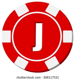 Red poker chip isolated on white background. Letter J over red background.