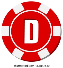 Red poker chip isolated on white background. Letter D over red background.