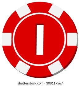 Red poker chip isolated on white background. Letter I over red background.