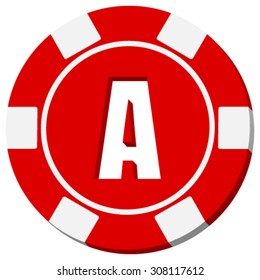 Red poker chip isolated on white background. Letter A over red background.