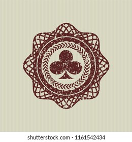 Red poker clover icon inside distress rubber seal with grunge texture