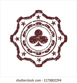 Red poker clover icon inside distressed with rubber seal texture
