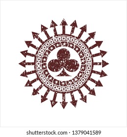 Red poker clover icon inside distressed rubber grunge seal