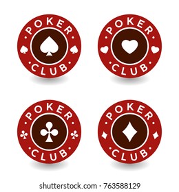 Red poker club stickers. Set of chips, diamonds, clubs, hearts, spades logo. Casino game concept design.