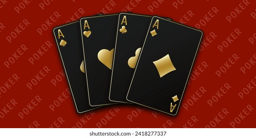 Red Poker table background. Vector illustration Poker of all the aces. A hand fanned of playing cards consisting Ace of Spades, Diamonds, Clubs, Hearts.