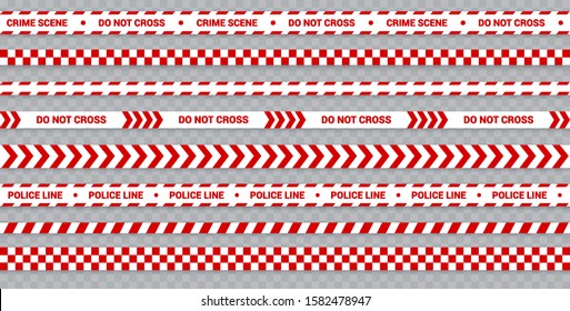 Red police line set, caution and danger tape for crime scene, restricted zone. Vector abstract police tape collection.