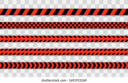 Red police line Warning tape, danger, caution tape. Covid-19, quarantine, stop, do not cross, border closed. Red and black barricade. Quarantine zone due to coronavirus. Danger signs. Vector.