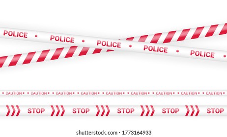 Red police tape, crime danger line. Caution police lines isolated. Warning tapes. Set of red warning ribbons. Vector illustration on white background