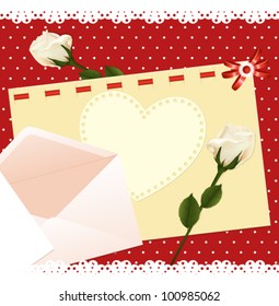 Red polka dot background with cards, roses, envelope and lace. scrapbook template