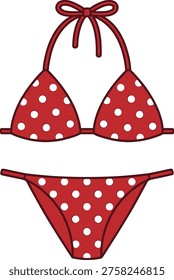 Red polka dot bikini vector illustration, summer beach swimwear icon, stylish female swimsuit, holiday fashion clothing, white background.