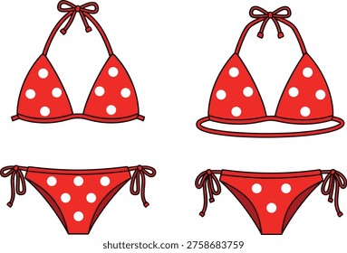 Red polka dot bikini vector, woman swimwear swimsuit illustration, beach summer vacation apparel, sexy two piece bathing suit, lady holiday clothing fashion, swimming costume.