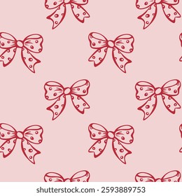 Red polka dot bows on pink background. Coquette core. Seamless pattern EPS vector hand drawn for textile, wrapping, fabric, cute core, girly, romantic, wedding design and scrapbooking. Outline sketch.