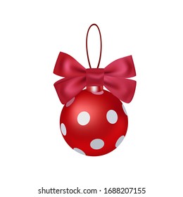 Red polka dot christmas decoration ball with red ribbon bow, holiday pendant, hand drawn 3D vector illustration, birthday decorations