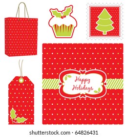 red polka dot christmas set with card, tag, bag, stamp and sticker