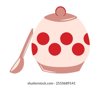 Red polka dot Container, Spoon. Kitchen round Storage for bulk products. Ceramic or clay beige Pot with lid. Old, retro. Tablespoon. Kitchen utensils. Cookie jar. Isolated. Flat Vector illustration