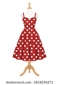 Red polka dot dress on mannequin isolated on white background representing vintage fashion clothing tailoring boutique apparel design retail and elegant garment promotional concepts