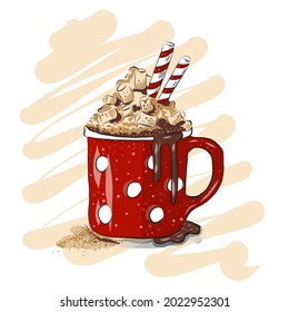 red polka dot mug with hot chocolate and marshmallows