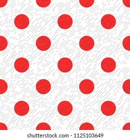 Red polka dot on a white and gray textured diagonal lines fabric seamless pattern, vector