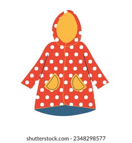 Red polka dot raincoat. Autumn raincoat protects from rain and cold. Comfortable fall clothing .Vector flat illustration, cartoon style.