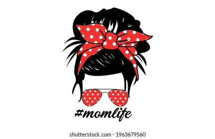 Red Polka Dot Seamless Pattern  Hair Stylist Messy Hair Bun, Messy Bun Mom Lifestyle - Mother's day Vector and Clip Art