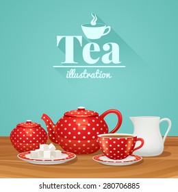 Red polka dot tea pottery set with teapot cup saucer vector illustration