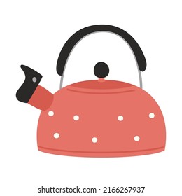 Red polka dot teapot with lid and whistle. Kitchen equipment, utensils for camping, picnic, cooking on gas or fire. Flat vector illustration isolated on a white background.