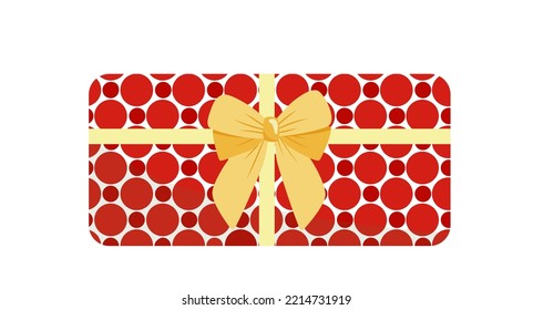 Red polka dots present with big yellow bow. Birthday gift. Flat, cartoon. Isolated vector illustration eps 10
