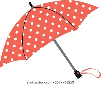 Red polka dots umbrella. Vector illustration isolated on transparent background. Parasol for rainy weather. Rain protection accessory.