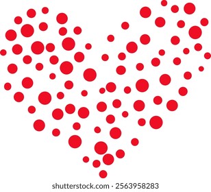 Red polka dots in varying sizes create a heart shape against a crisp white background, forming a simple yet eye catching design that symbolizes love and romance