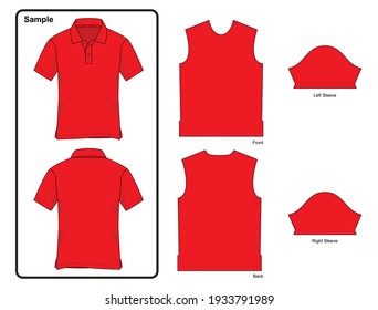 Red Polo Shirt With Front, Back And Sleeves Patterns Vector.