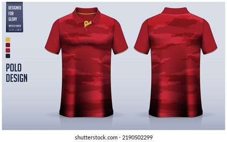 Red polo shirt mockup template design for soccer jersey, football kit, golf, tennis, sportswear. Brushstroke pattern design. Sport uniform in front view, back view. Vector Illustration.