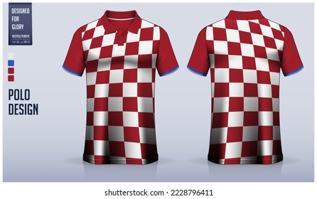 Red polo shirt mockup template design for soccer jersey, football kit, golf, tennis, sportswear. Checkered pattern design. Sport uniform in front view, back view. Vector Illustration.