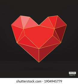 Red polygon heart with gold line icons set on black background.Modern Vector red heart illustration in love concept.Beautiful geometric heart for valentine card.Romance sign in triangle heart shape.