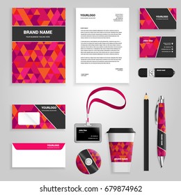 Red polygonal abstract Corporate identity template set. Business stationery mock-up with logo. Branding design. Geometric background.