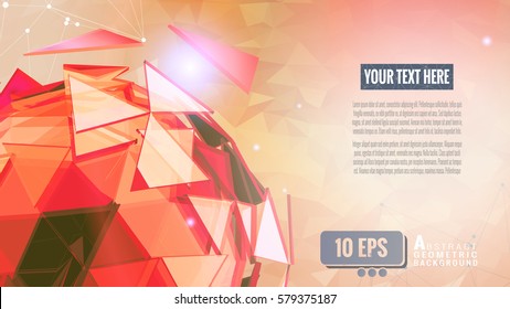 Red polygonal abstract triangle sphere glowing on light orange low poly background