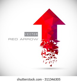 Red polygonal arrow flies upward. Bright pointer. Vector illustration.