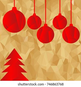 Red polygonal balls and Christmas tree on golden background.