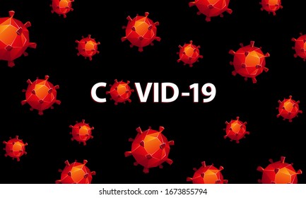 Red Polygonal Coronavirus Cells Pattern On Black Background. Covid-19 Text Banner And Low Poly Coronavirus Particles Around.